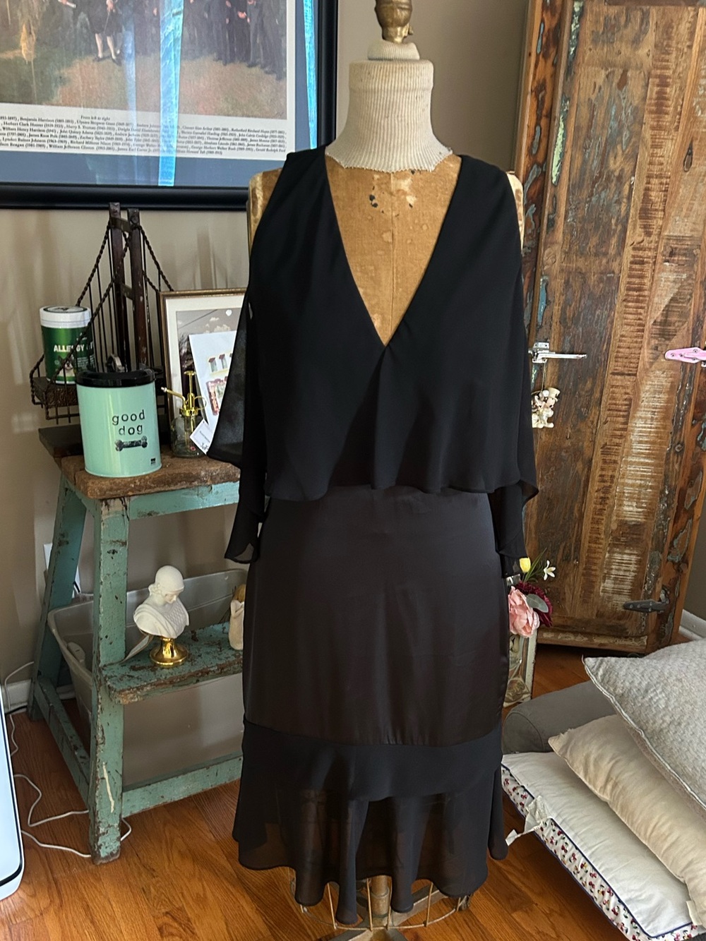 bebe Black Midi Dress with Layered Ruffle Hem - Vintage | Size 8 Beautiful